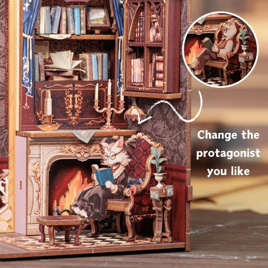 CUTEBEE DIY Book Nook Kit Miniature Wooden Dollhouse with Lights Bookshelf Insert 3D Puzzle Decor Model for Gifts Owl Bookstore