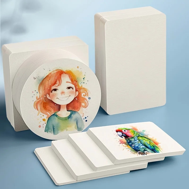 50pcs Watercolor Paper Postcard Art Painting Rectangular Circular Special Paper Medium Thick Double-sided Pattern Blank Drawing