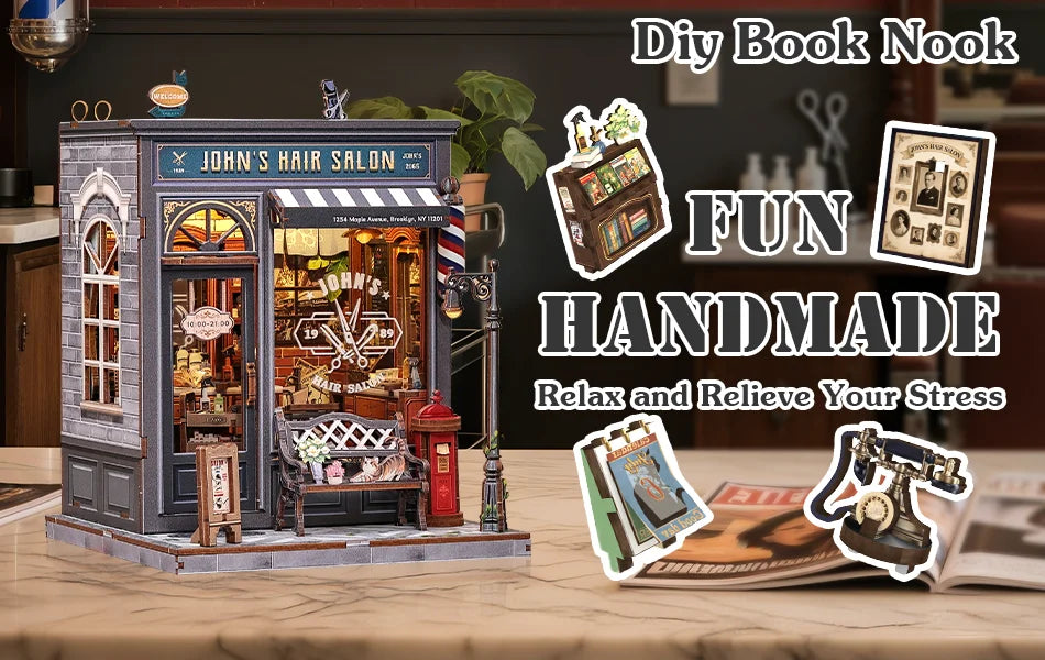 CUTEBEE Wooden Dollhouse DIY Book Nook Kit Miniature Bookshelf Insert with LED Light Gift Idea for John's Hair Salon
