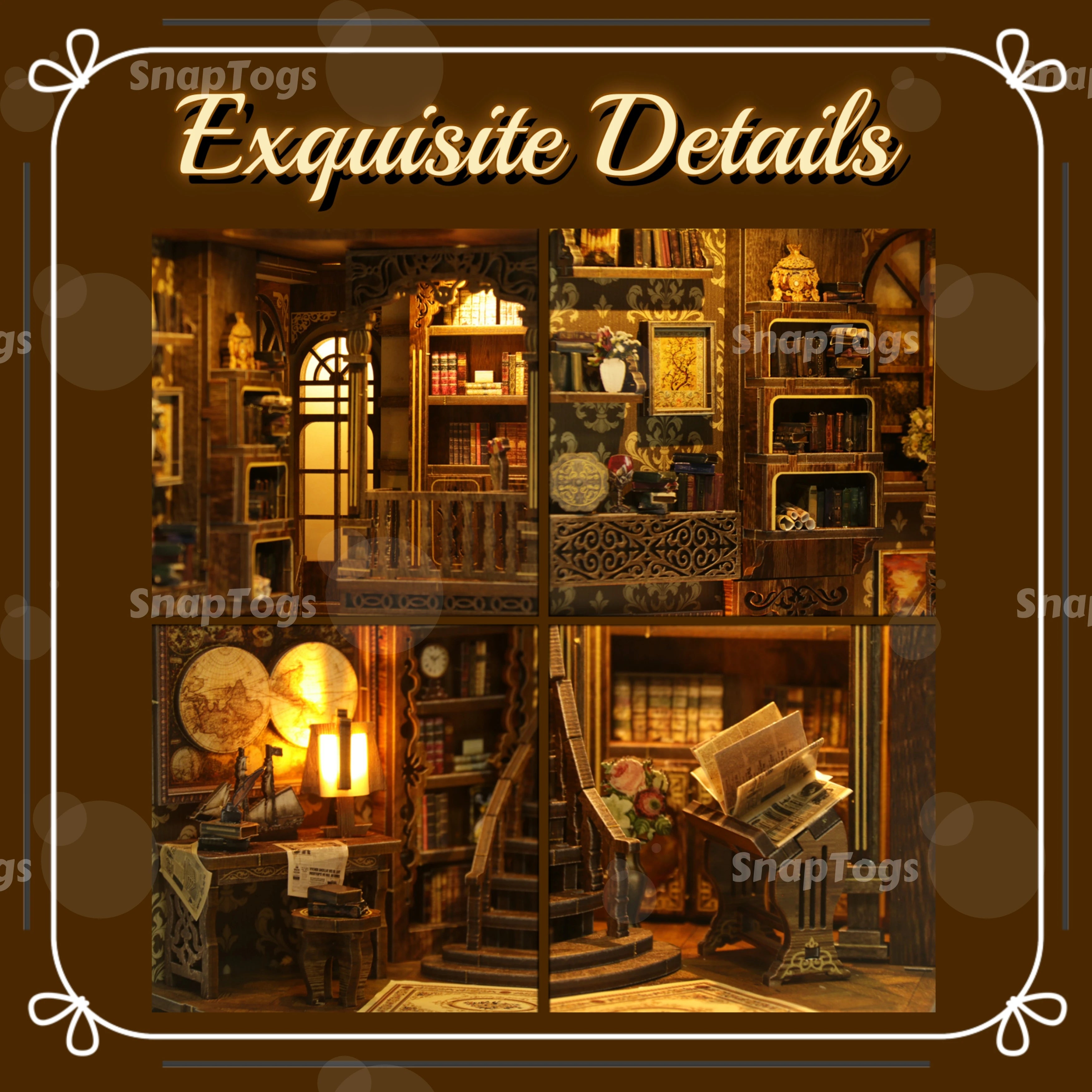 SnapTogs DIY Antique Book Collection Room Book Nook 3D Wooden Puzzle Miniature Dollhouse Tiny House Roombox Craft Kit for Gift