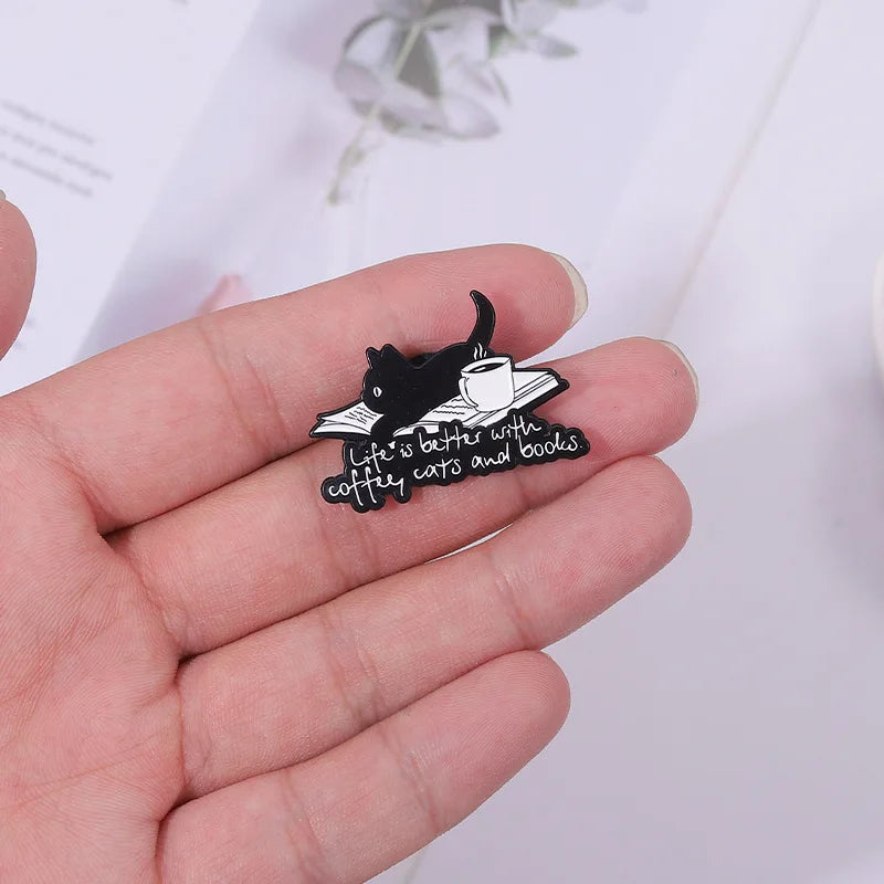Cute Cartoon Animal Enamel Pin Life is Better with Coffee Cats and Books Brooch Decorative Metal Lapel Jewelry Badge for Friends