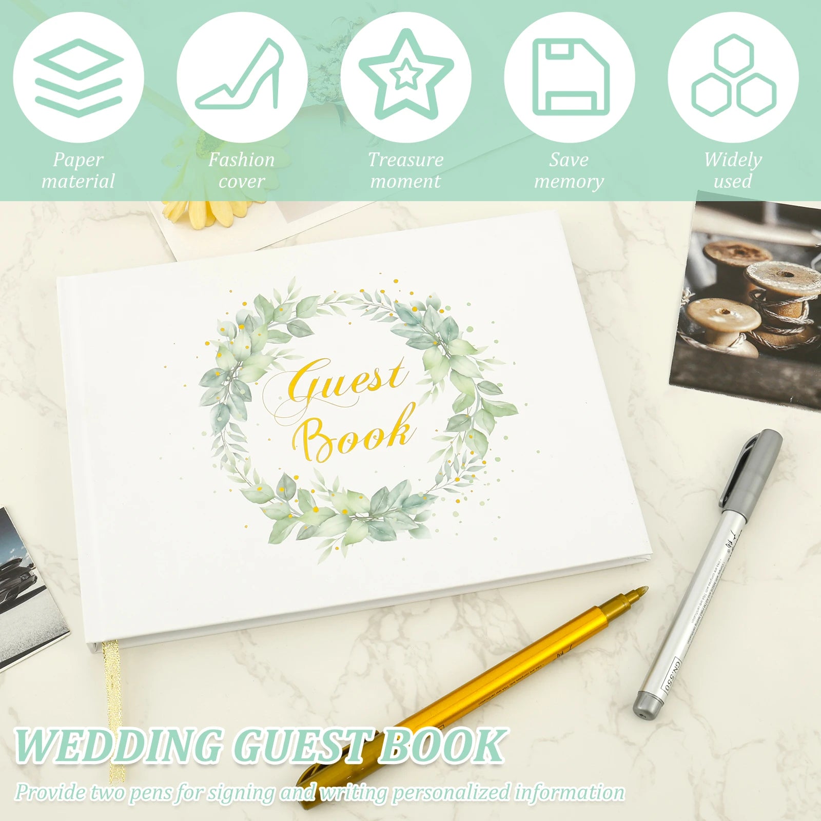 Wreath Print Cover Wedding Guest Book Versatile Smooth Writing Memory Wedding Book With 2 Pen for Baby Shower Anniversary