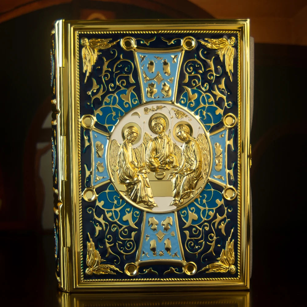 HTISOK Orthodox Bible Book Cover Gold Plated Enamel with Trinity Icon Liturgical Religious Book Case Orthodox Bible Book Cover