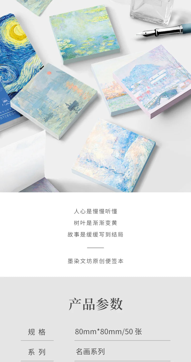 Painting Memo Pad Monet Van Gogh No-sticky Note Decal Scrapbooking DIY Notepad Diary Stationery School Supplies