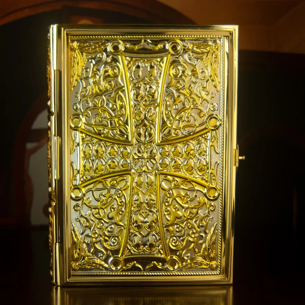 HTISOK Orthodox Bible Book Cover Gold Plated Enamel with Trinity Icon Liturgical Religious Book Case Orthodox Bible Book Cover