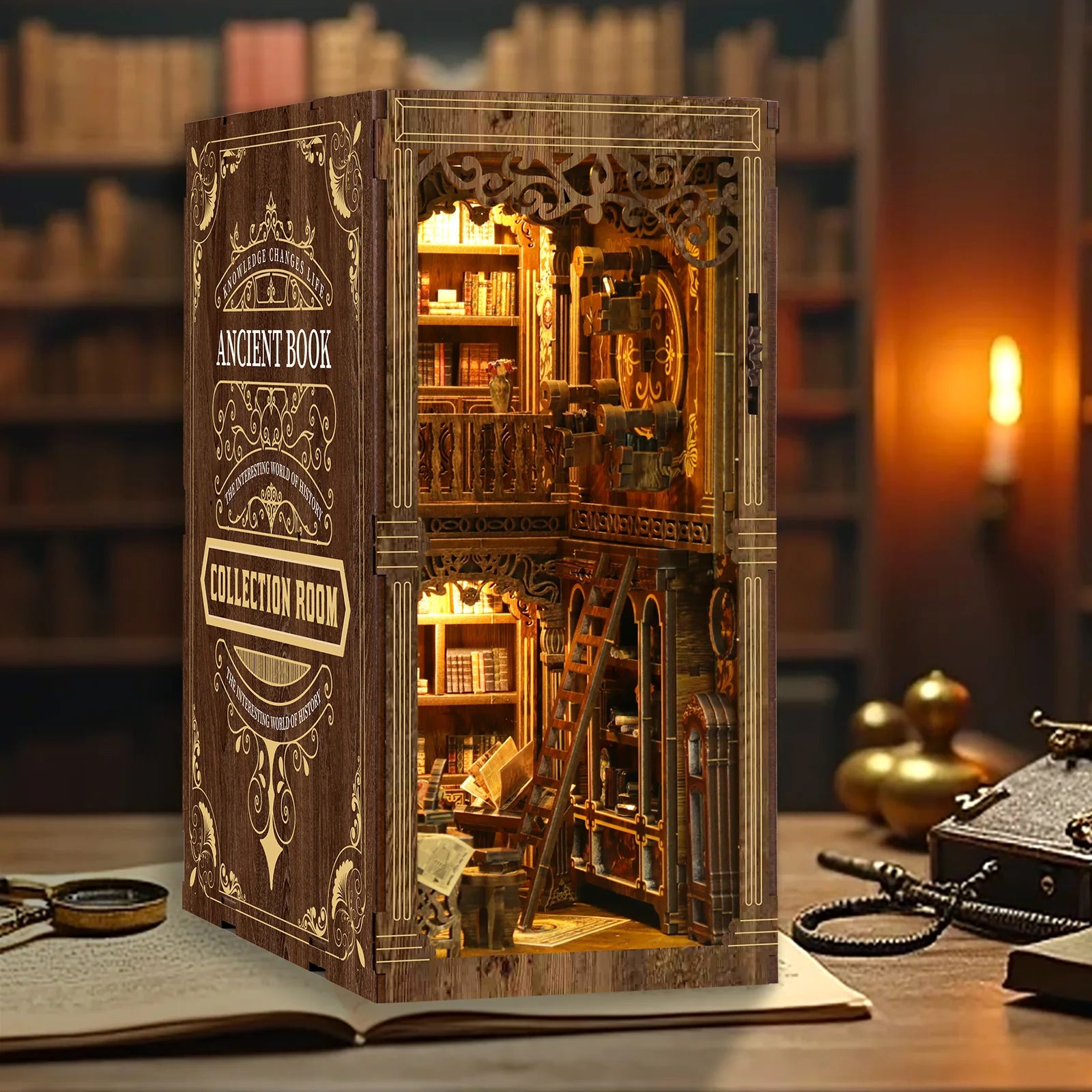 SnapTogs DIY Antique Book Collection Room Book Nook 3D Wooden Puzzle Miniature Dollhouse Tiny House Roombox Craft Kit for Gift