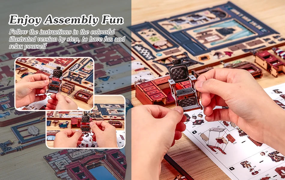 CUTEBEE Wooden Dollhouse DIY Book Nook Kit Miniature Bookshelf Insert with LED Light Gift Idea for John's Hair Salon