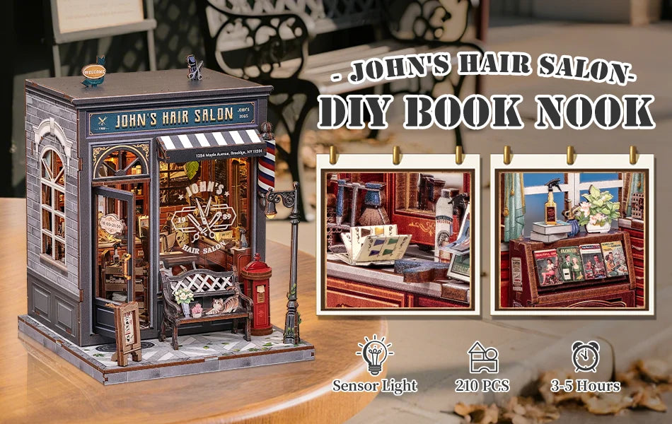 CUTEBEE Wooden Dollhouse DIY Book Nook Kit Miniature Bookshelf Insert with LED Light Gift Idea for John's Hair Salon