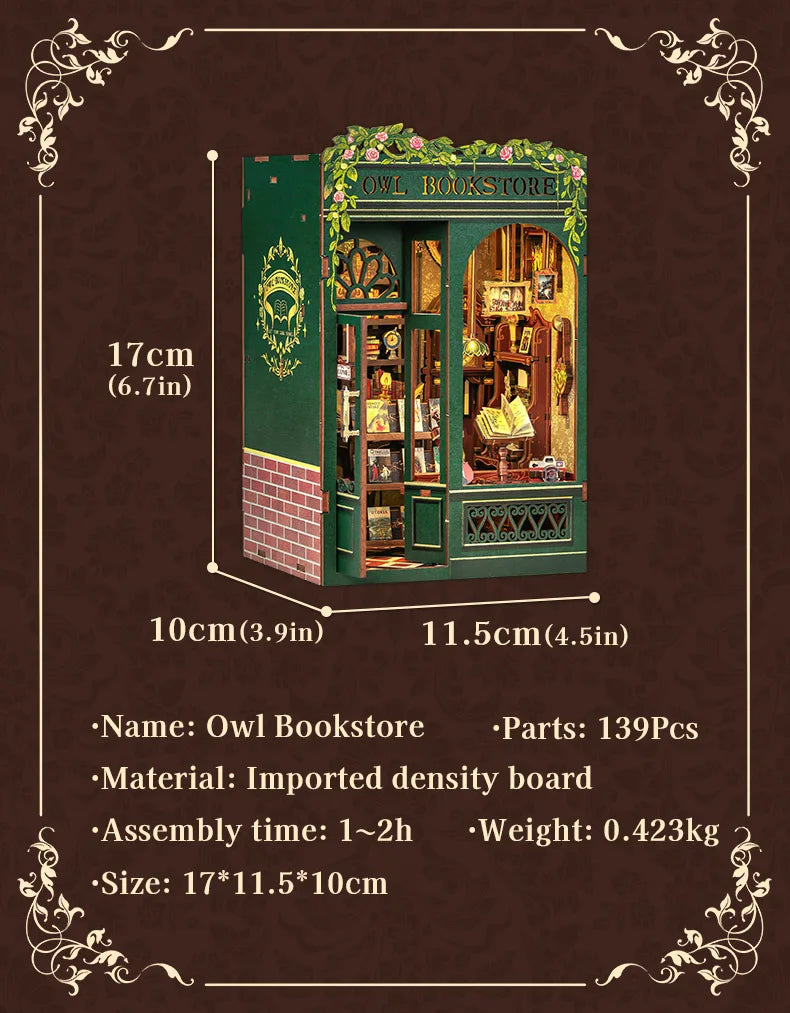 CUTEBEE DIY Book Nook Kit Miniature Dollhouse with Light Wooden Bookshelf Insert Retro Booknook Decor for Gifts Bookshop Series