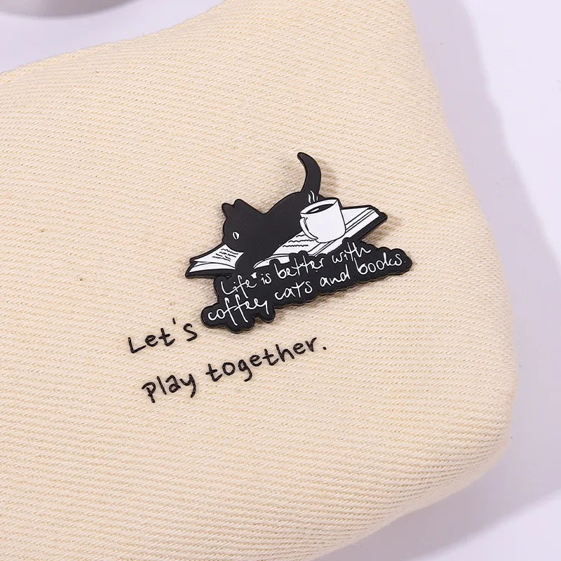 Cute Cartoon Animal Enamel Pin Life is Better with Coffee Cats and Books Brooch Decorative Metal Lapel Jewelry Badge for Friends