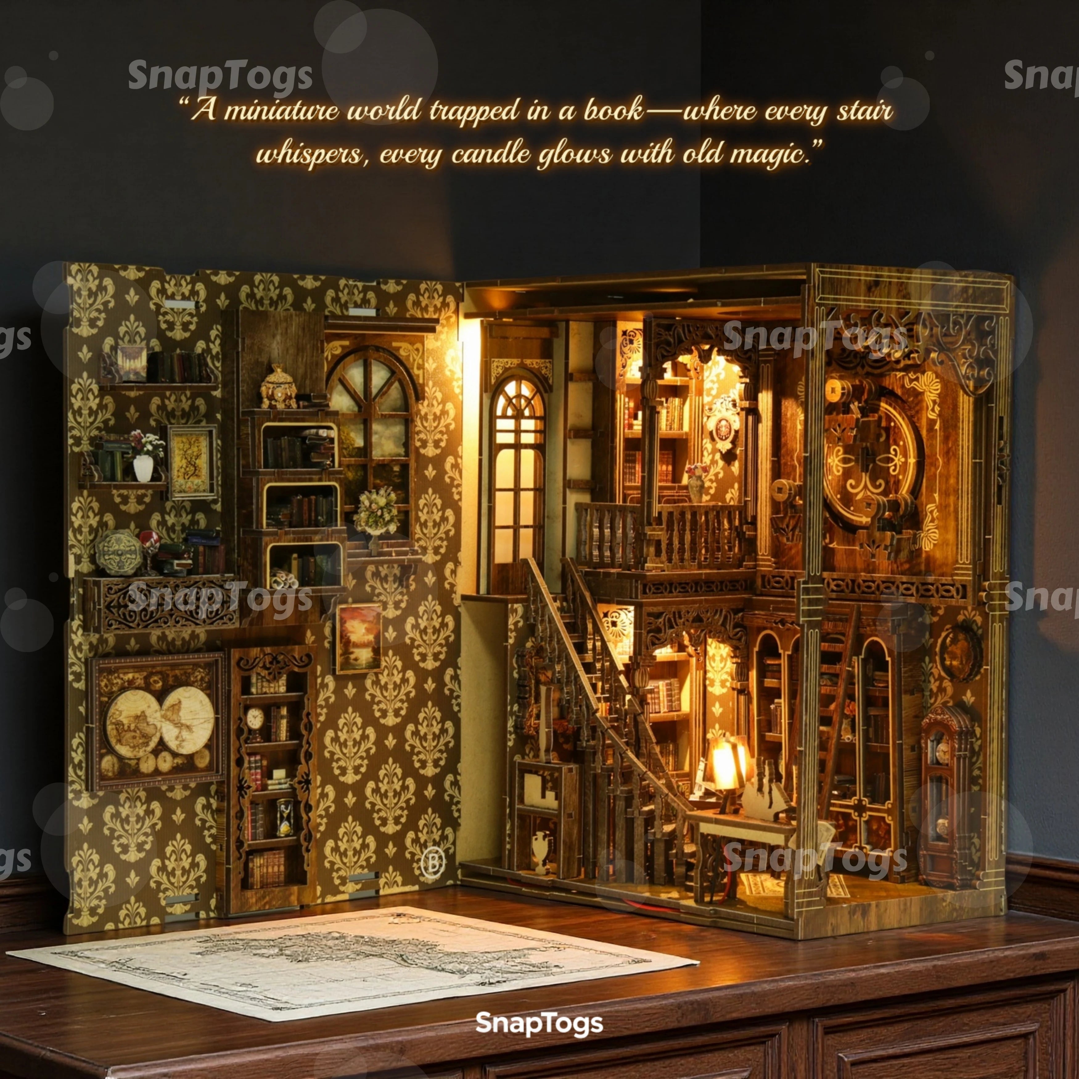 SnapTogs DIY Antique Book Collection Room Book Nook 3D Wooden Puzzle Miniature Dollhouse Tiny House Roombox Craft Kit for Gift