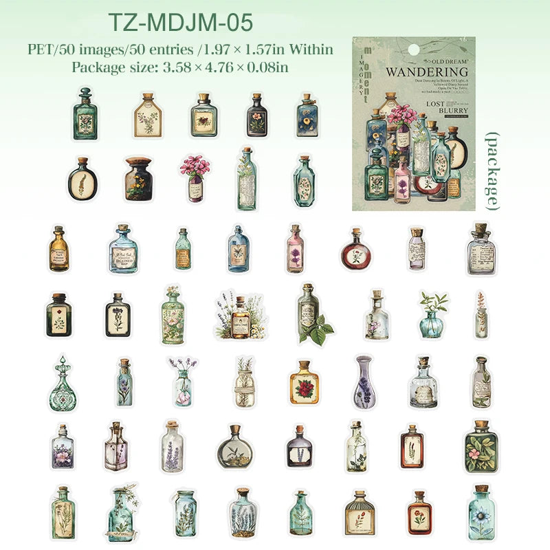 JIANWUDream of Delirium Series Vintage Flower Butterfly Label Landscape Material Collage PET Sticker Creative Journal Stationery