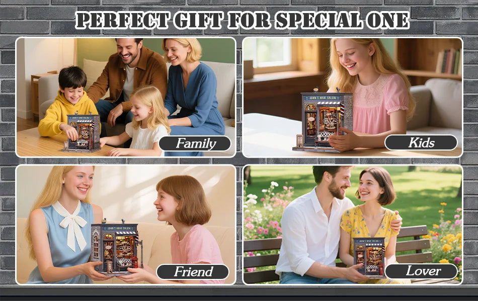 CUTEBEE Wooden Dollhouse DIY Book Nook Kit Miniature Bookshelf Insert with LED Light Gift Idea for John's Hair Salon
