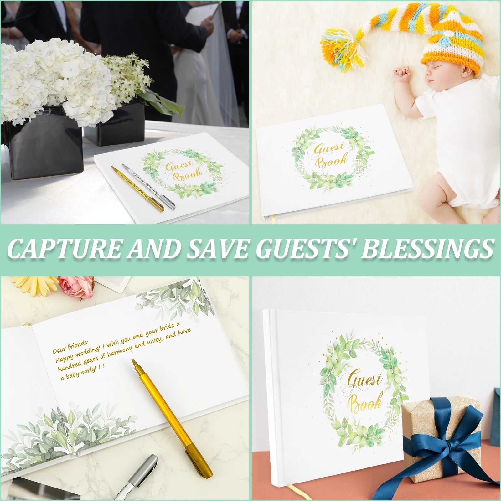 Wreath Print Cover Wedding Guest Book Versatile Smooth Writing Memory Wedding Book With 2 Pen for Baby Shower Anniversary