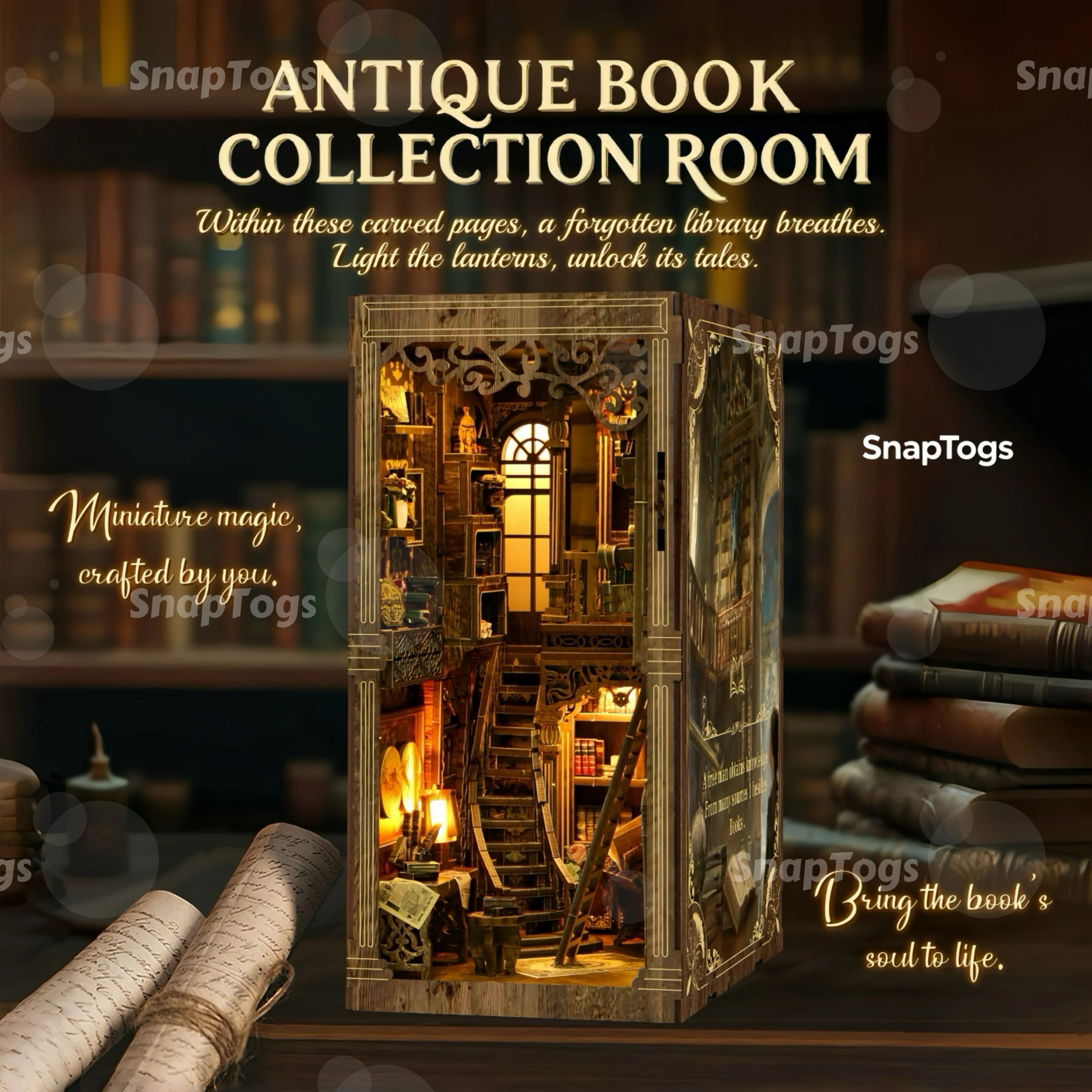 SnapTogs DIY Antique Book Collection Room Book Nook 3D Wooden Puzzle Miniature Dollhouse Tiny House Roombox Craft Kit for Gift