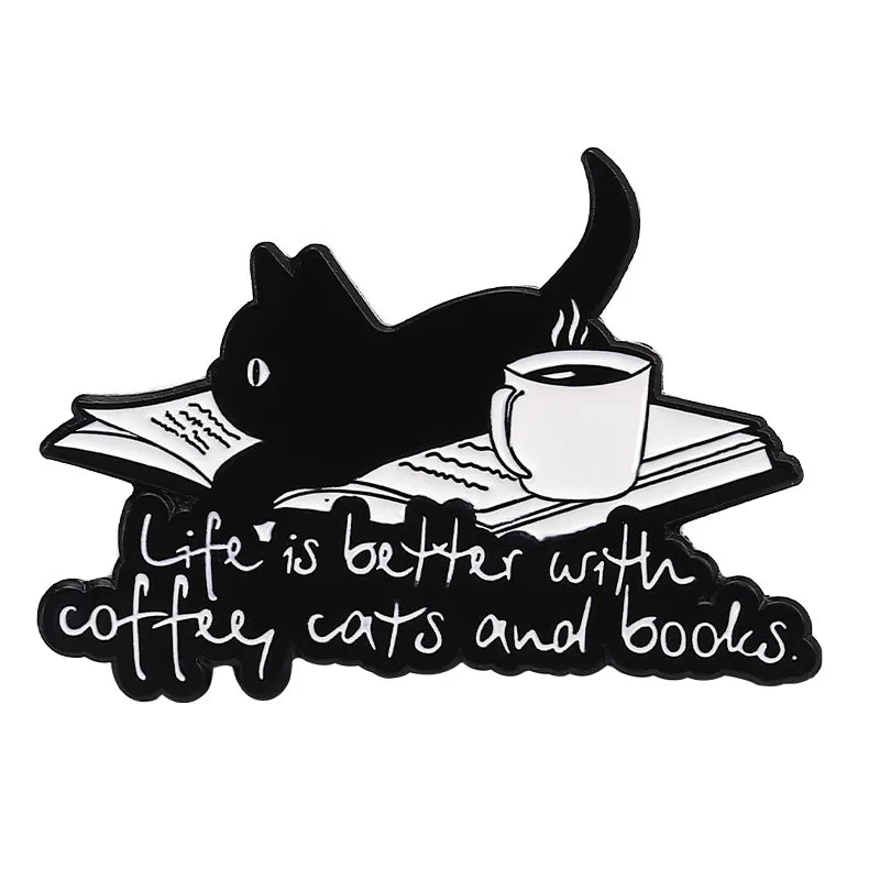 Cute Cartoon Animal Enamel Pin Life is Better with Coffee Cats and Books Brooch Decorative Metal Lapel Jewelry Badge for Friends