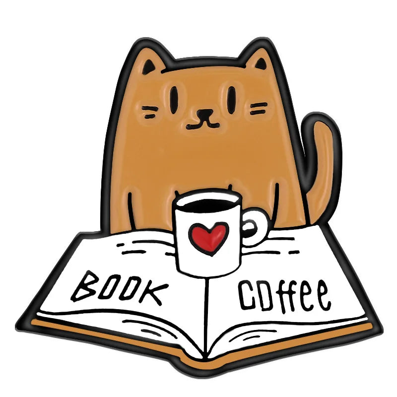 Book Cat Reading Coffee Enamel Pins Cartoon Animal Brooches for Bag Clothes Lapel Pin Decorative Badges for Book lover Wholesale