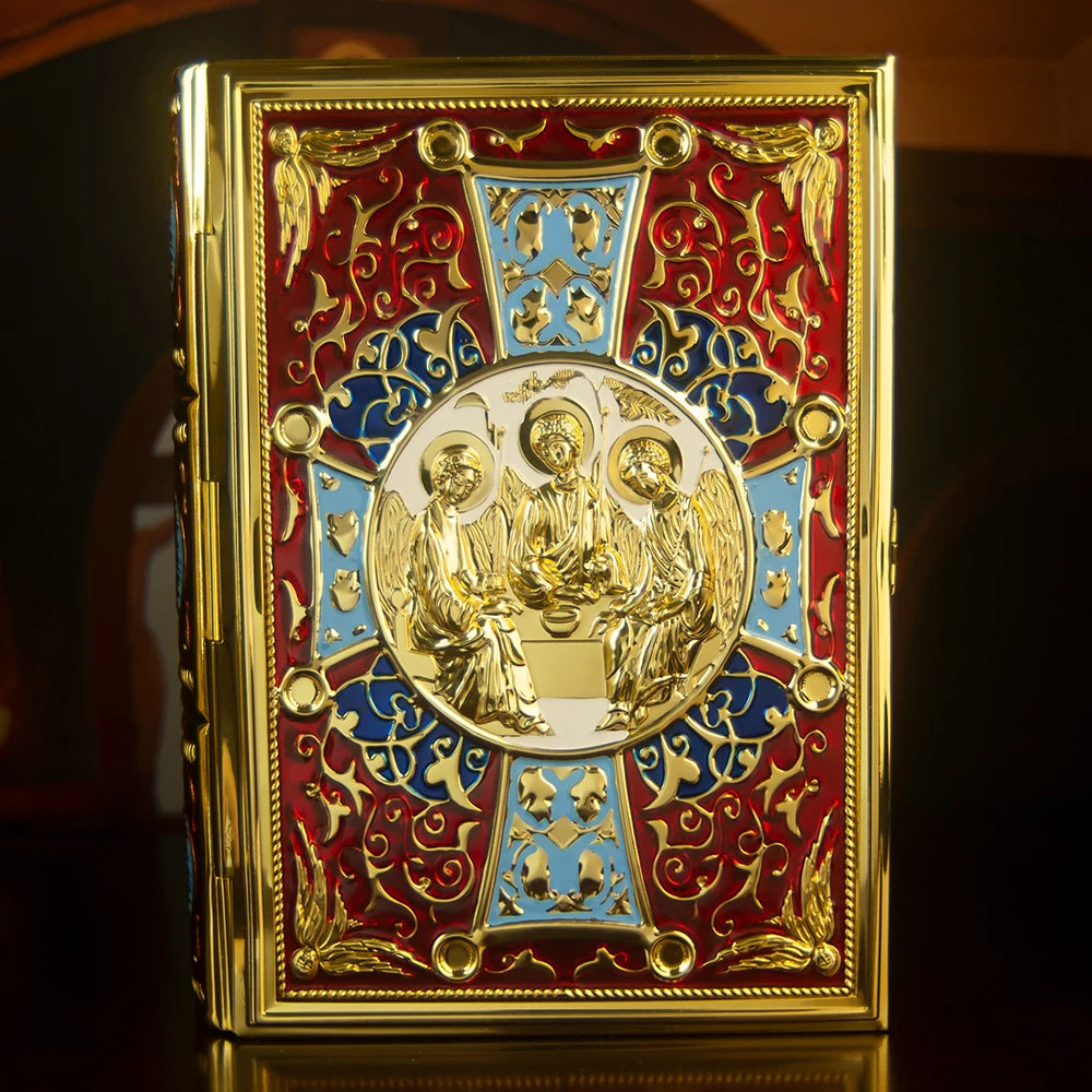 HTISOK Orthodox Bible Book Cover Gold Plated Enamel with Trinity Icon Liturgical Religious Book Case Orthodox Bible Book Cover