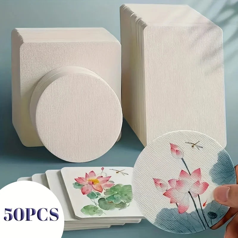 50pcs Watercolor Paper Postcard Art Painting Rectangular Circular Special Paper Medium Thick Double-sided Pattern Blank Drawing
