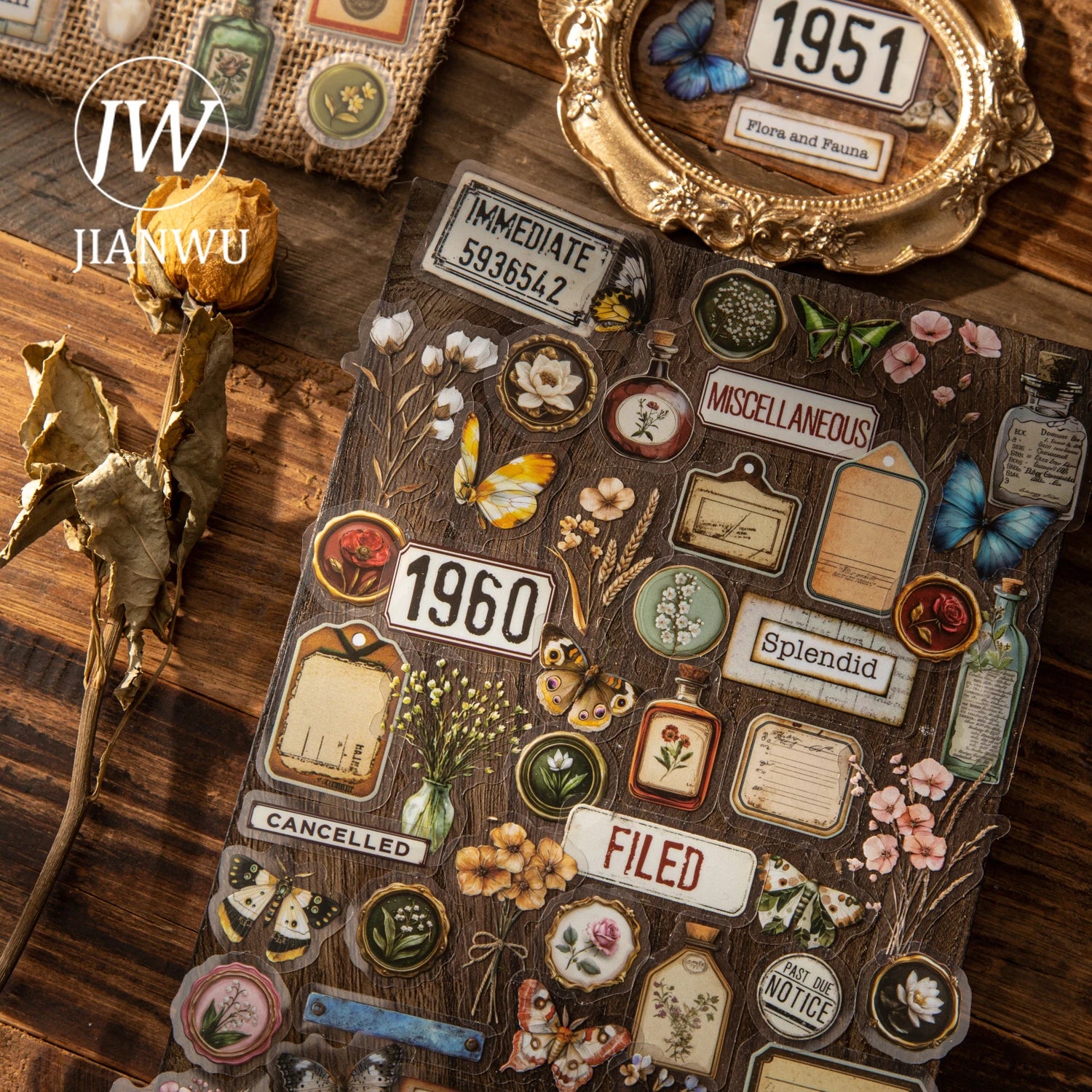 JIANWUDream of Delirium Series Vintage Flower Butterfly Label Landscape Material Collage PET Sticker Creative Journal Stationery